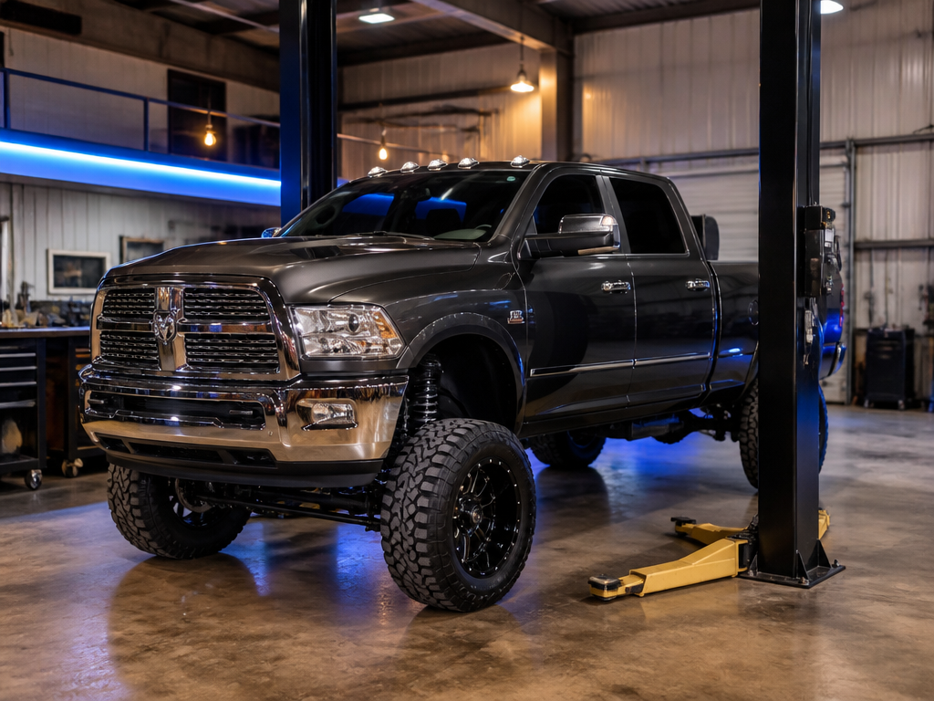 Heavy-duty pickup on a shop lift during a Carli suspension install