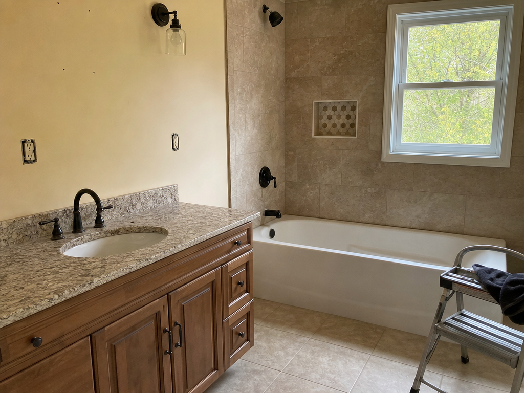Updated bathroom vanity and tiled surround