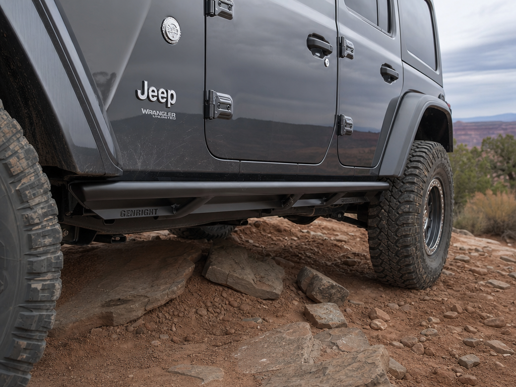 GenRight rock sliders installed on Project Sundowner JL Wrangler