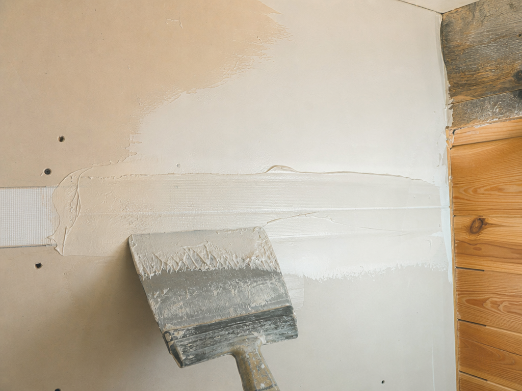 Taped drywall seam feathered wide with a taping knife