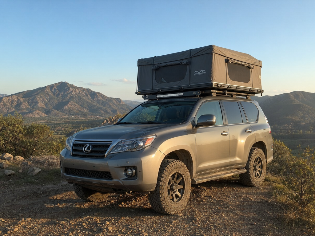 Lexus GX460 overlanding build with roof rack and tent on a Texas trail overlook