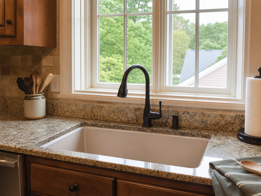 New kitchen faucet installed at a clean sink