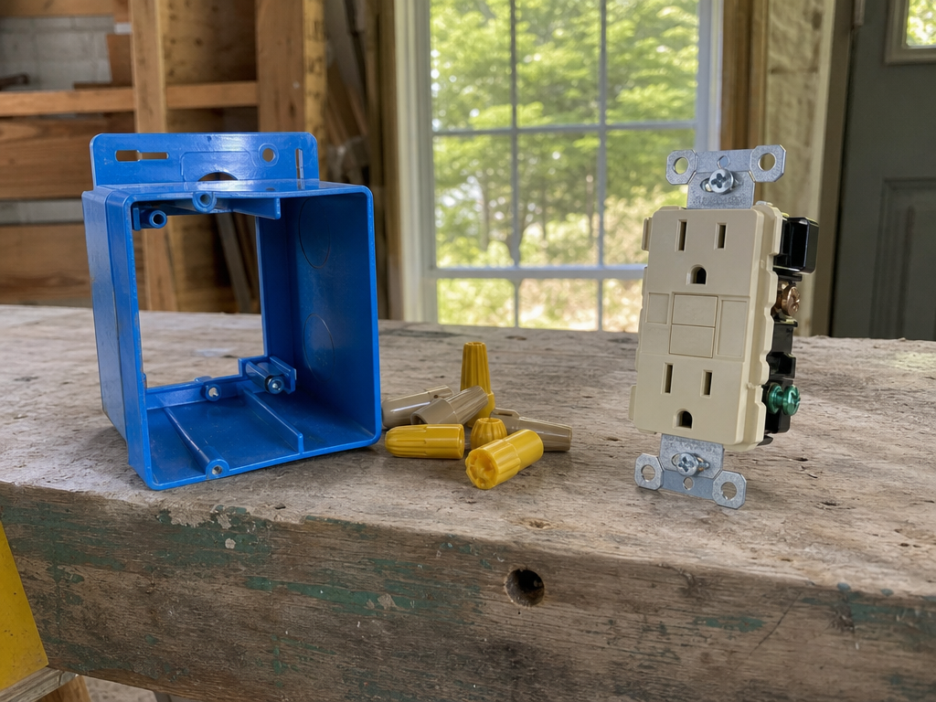Fan-rated box, wire connectors, and a GFCI outlet on a workbench