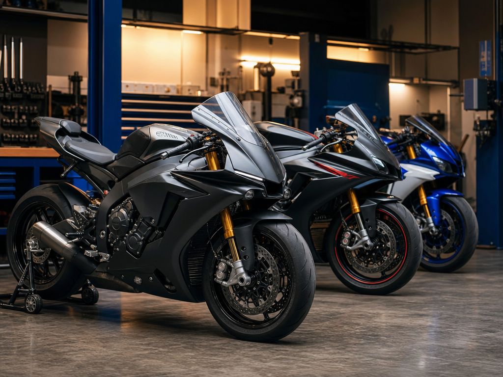 Sport bikes inside the Biscayne Moto Works service shop in Miami