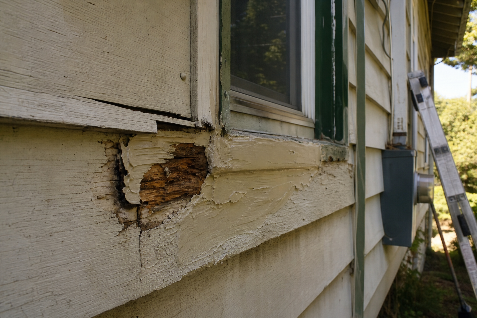 Caulk smeared over a rotted, mismatched siding board