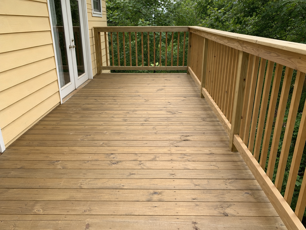 Repaired wood deck with clean railings