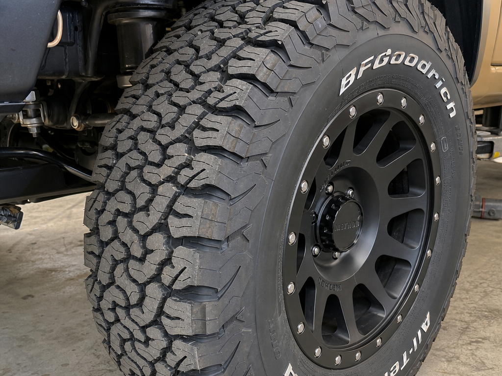All-terrain tire tread pattern close-up on a lifted truck at Iron Ridge Off-Road Houston