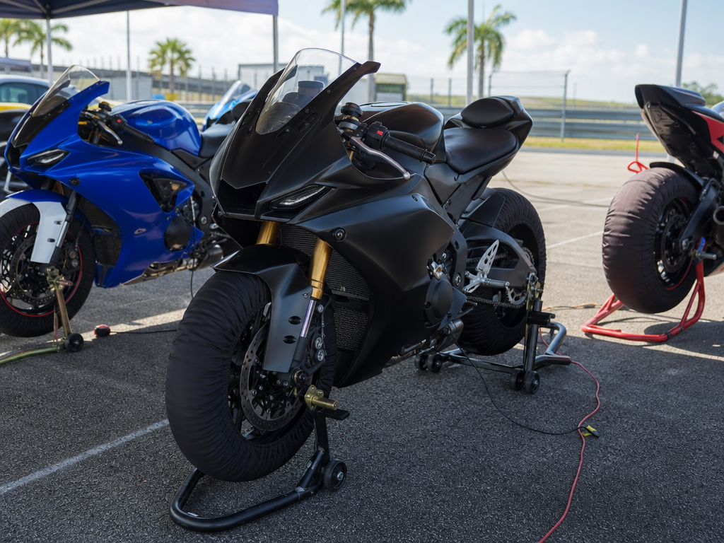 Sport bikes prepped for a Miami-area track day