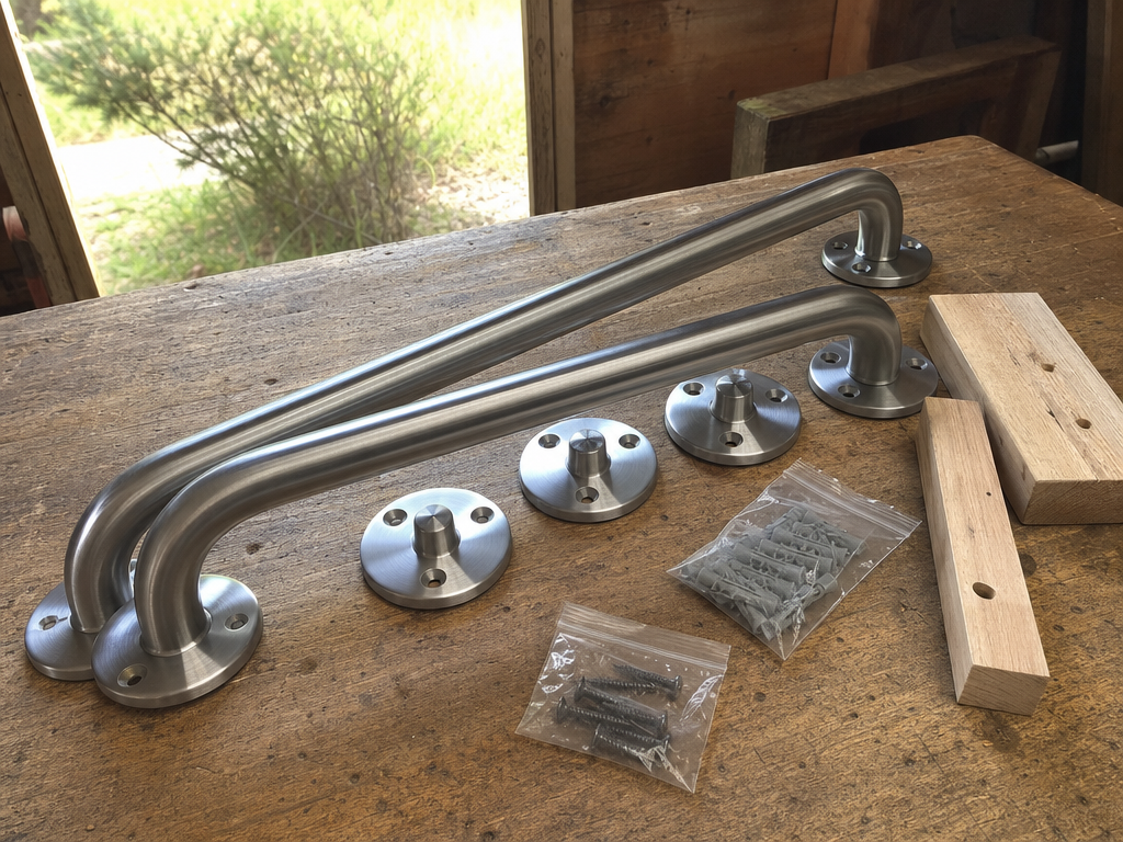 ADA-rated grab bars, stainless anchors, and blocking on a workbench