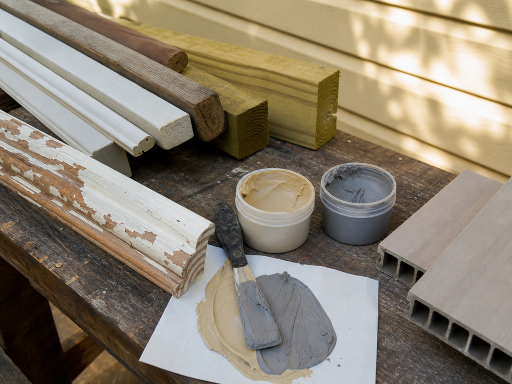 Two-part wood-repair epoxy, treated lumber, and composite trim on a workbench
