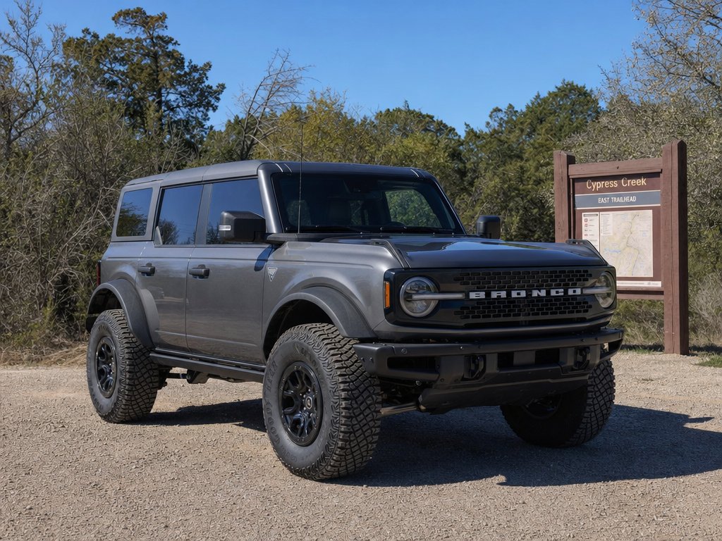 Lifted Ford Bronco Sasquatch on 37-inch tires at a Texas trailhead
