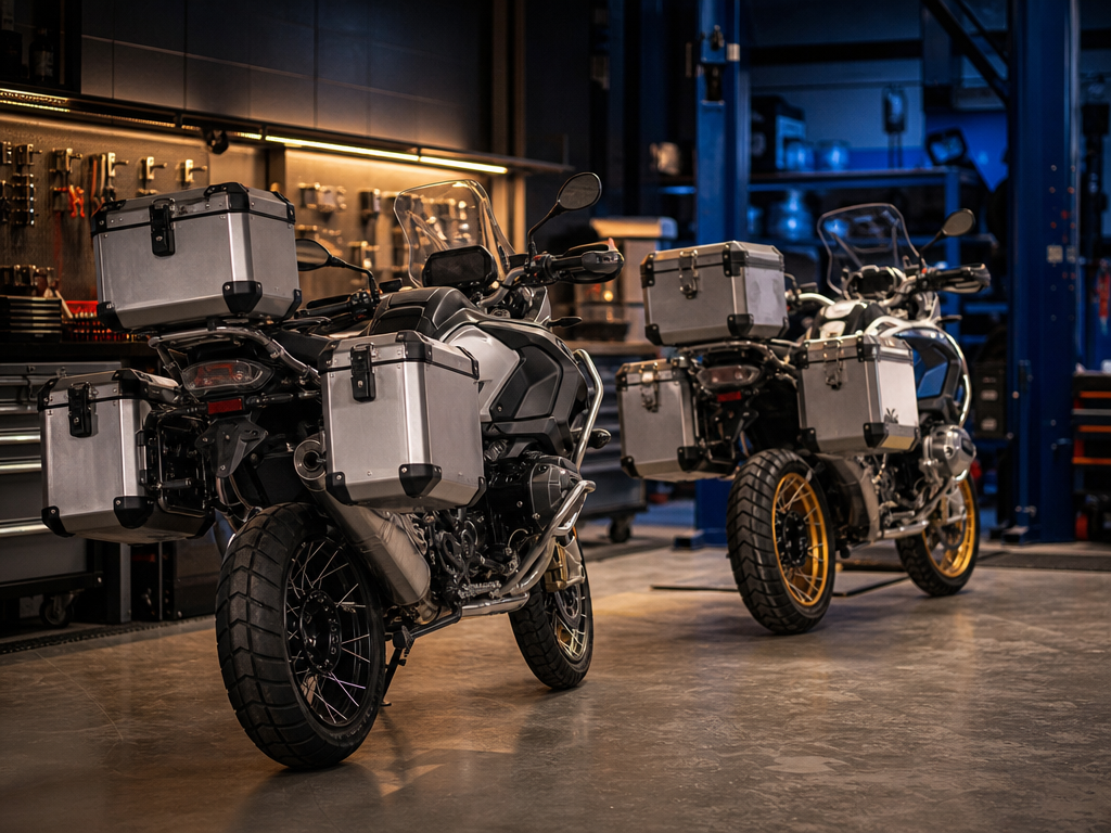 Adventure bikes inside the Biscayne Moto Works service shop in Miami
