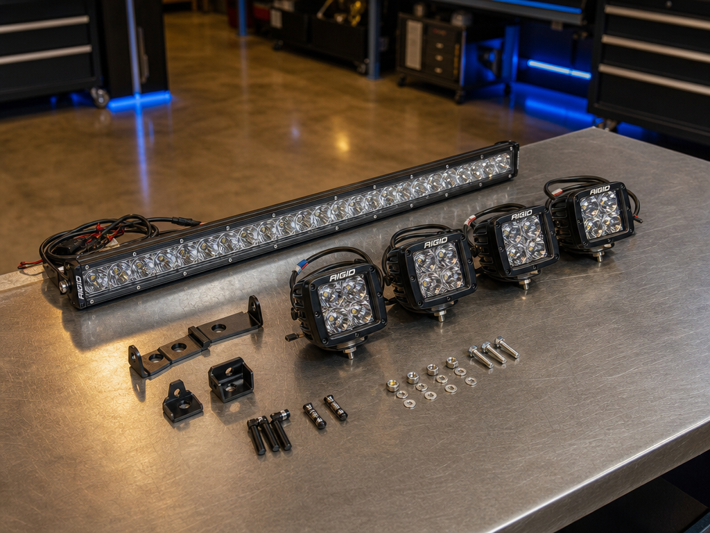 Rigid E-Series bar and D-Series pods laid out before install