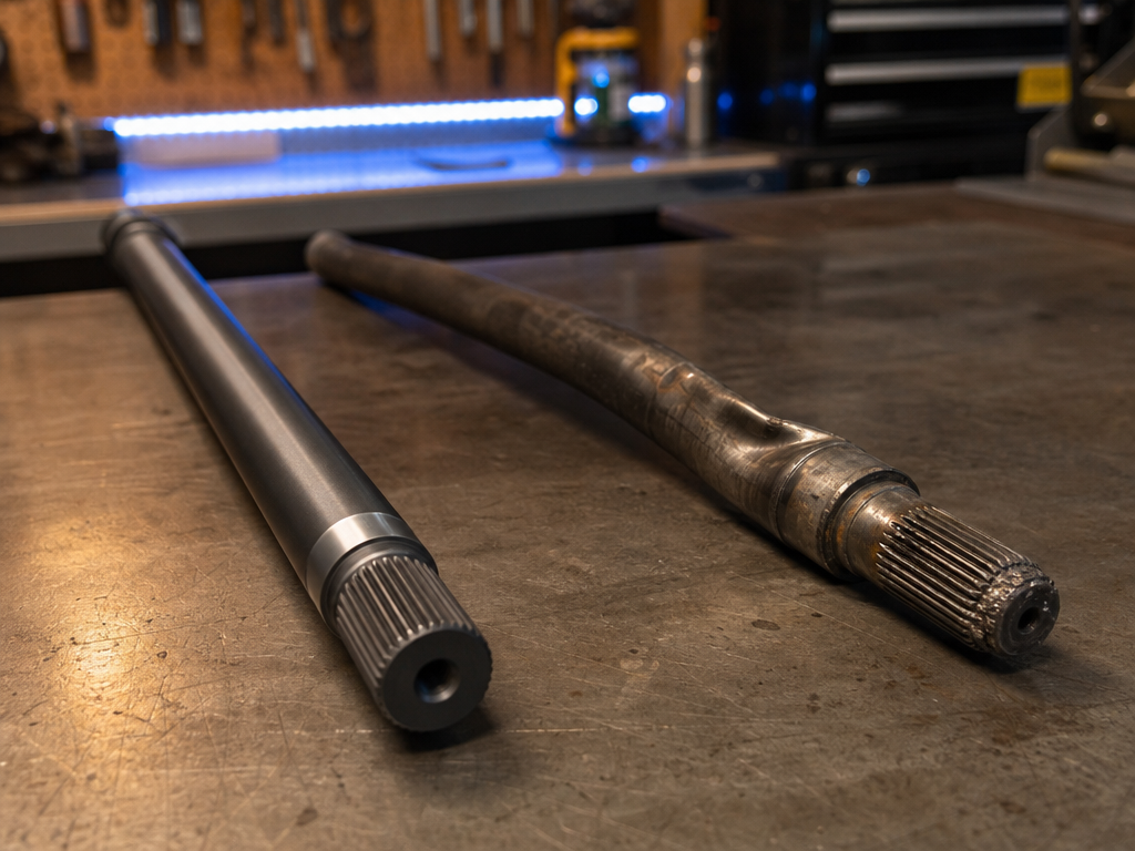 Chromoly axle shaft next to a twisted factory shaft for comparison