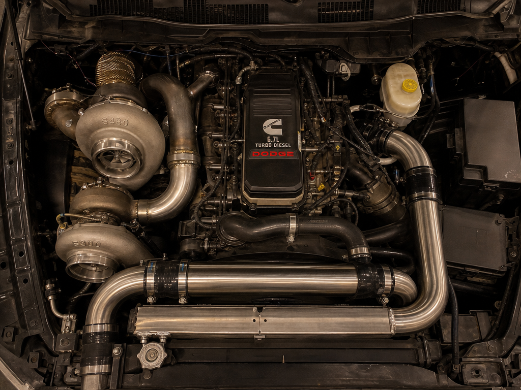 Ram 2500 S300 S480 compound turbo installed overhead view