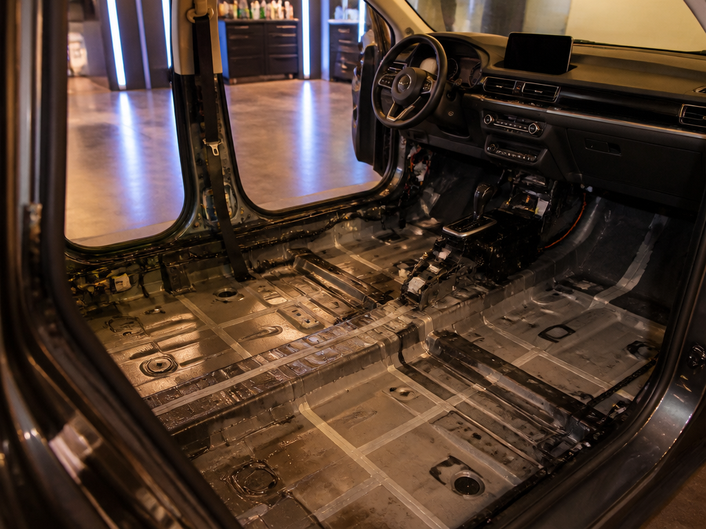 Flooded car interior with seats removed and carpet pulled for drying — My Detail Guys Fort Worth