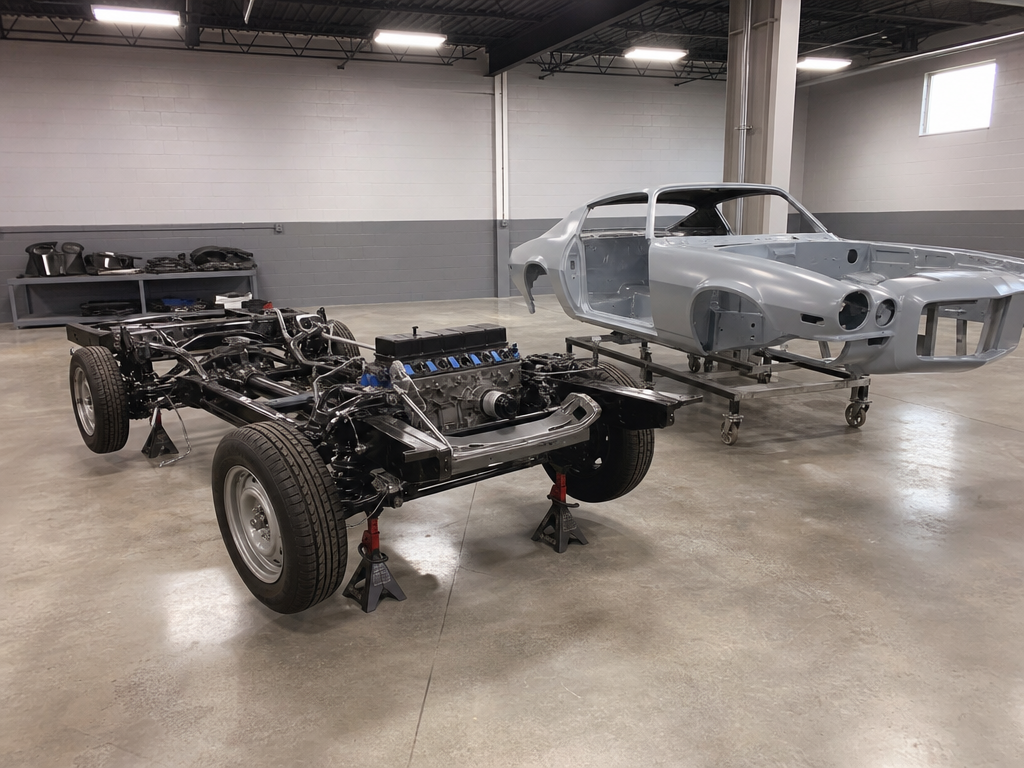 Classic car body separated from its frame during a frame-off restoration