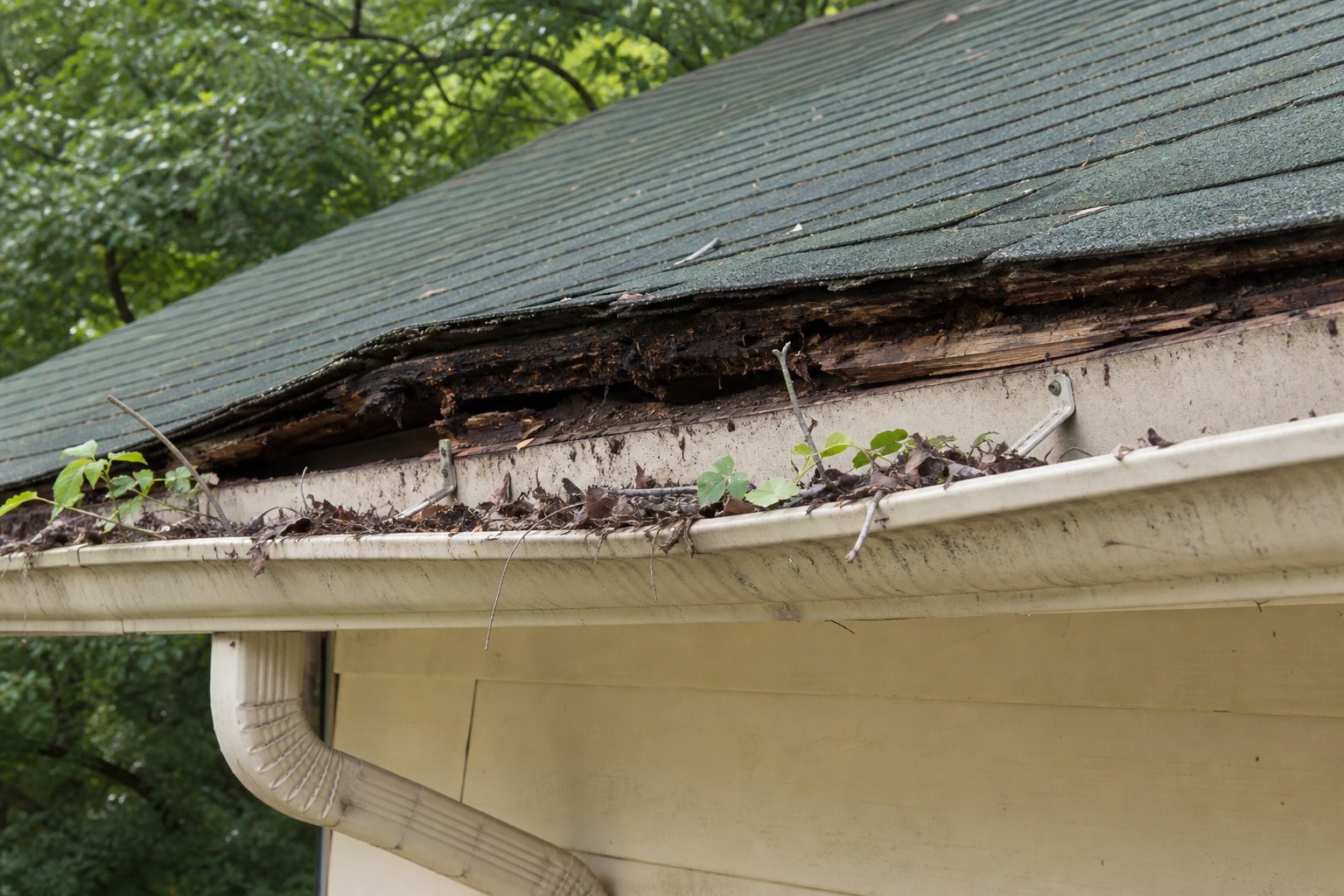 Rotted fascia board behind a sagging, overflowing gutter