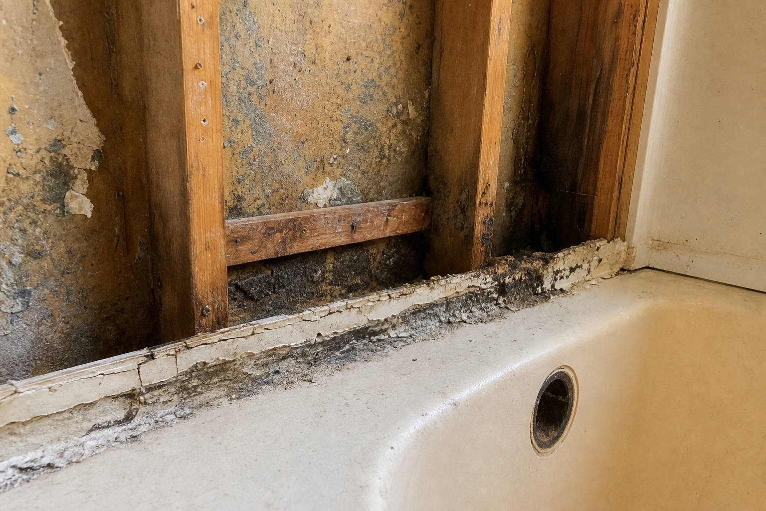 Mildewed, cracked caulk and water damage behind a tub surround