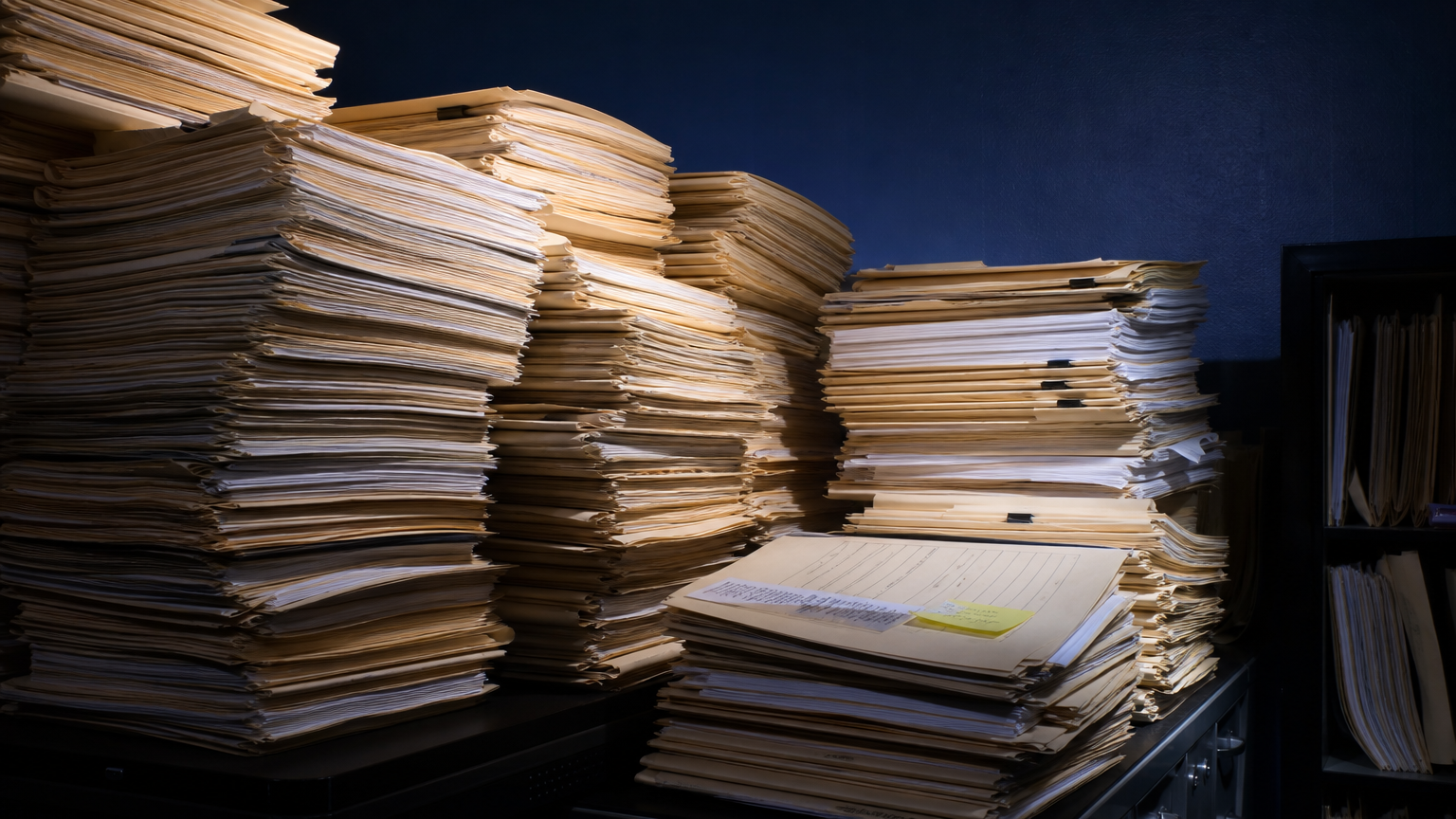 Crowded public defender's office, stacked case files