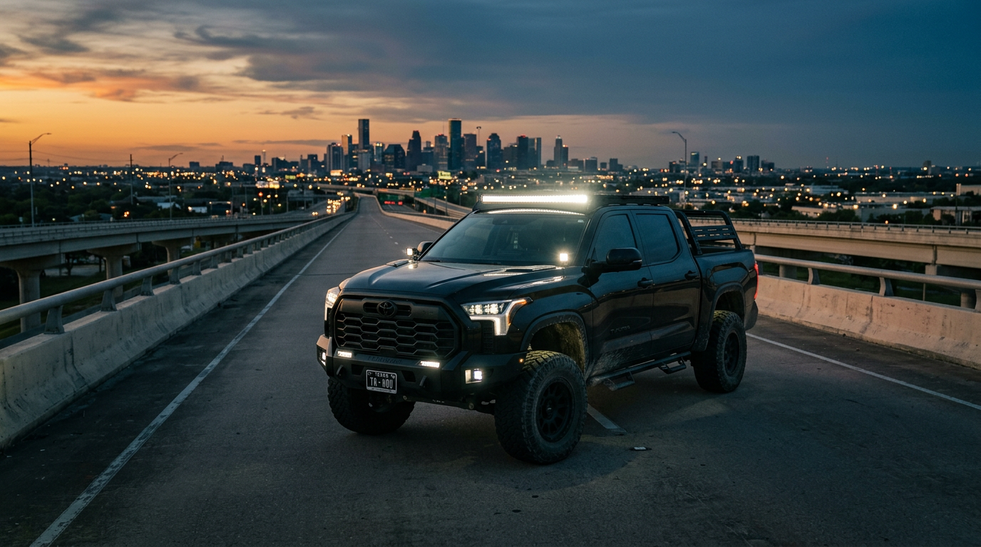 Completed lighting build truck at dusk