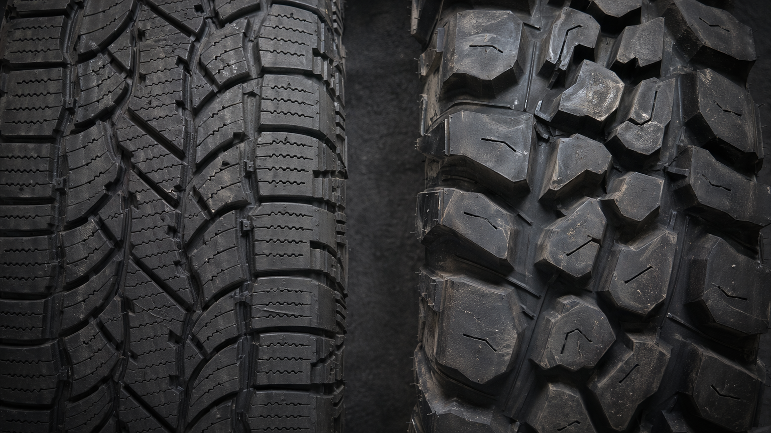 All-terrain versus mud-terrain tread pattern comparison top view