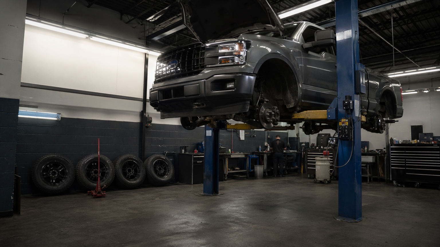 Truck on shop lift with all four wheels removed
