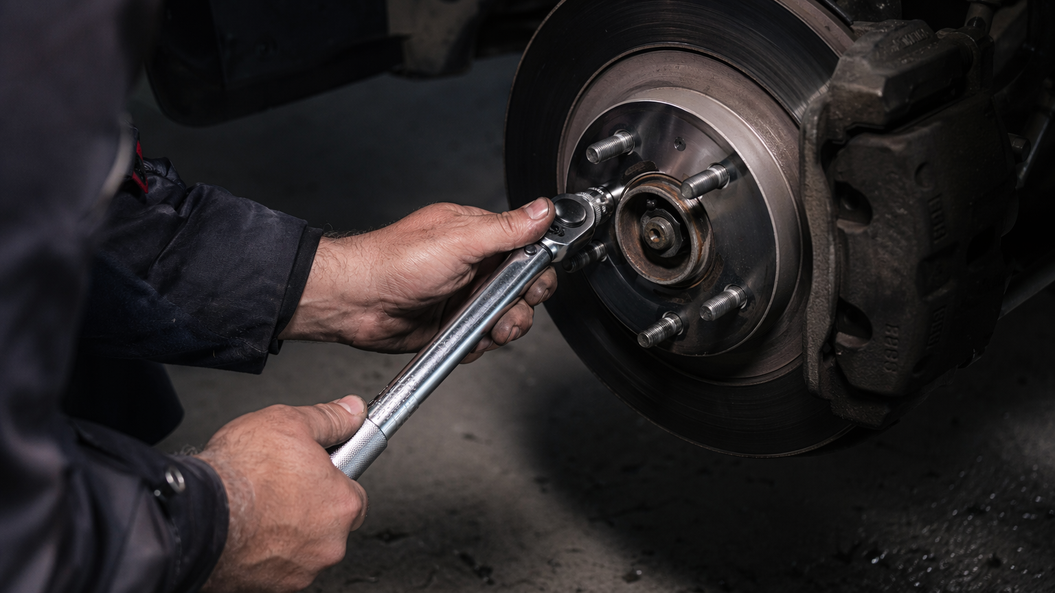 Mechanic torquing wheel with calibrated torque wrench