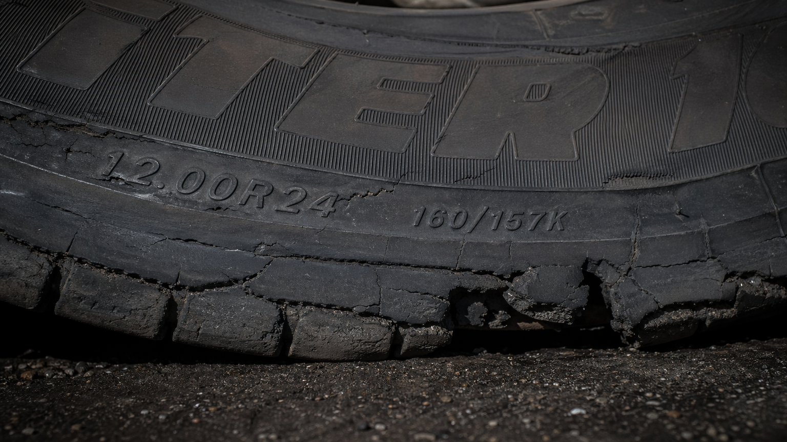 Cracked and chunked tire sidewall from heat damage