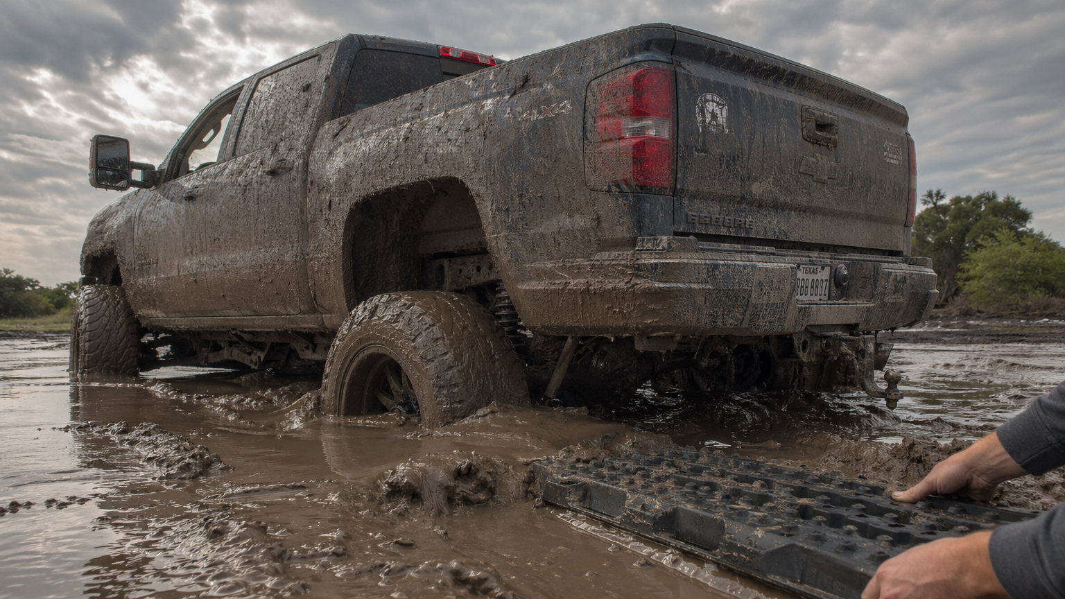 Truck stuck in Houston mud with recovery boards being deployed