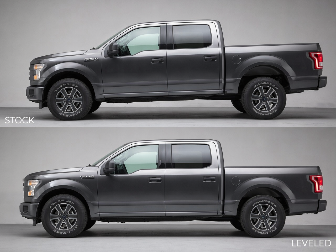 Factory truck nose-down rake versus leveled stance side by side comparison
