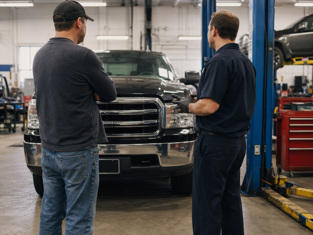 Truck owner standing in shop evaluating their truck in a consultative posture