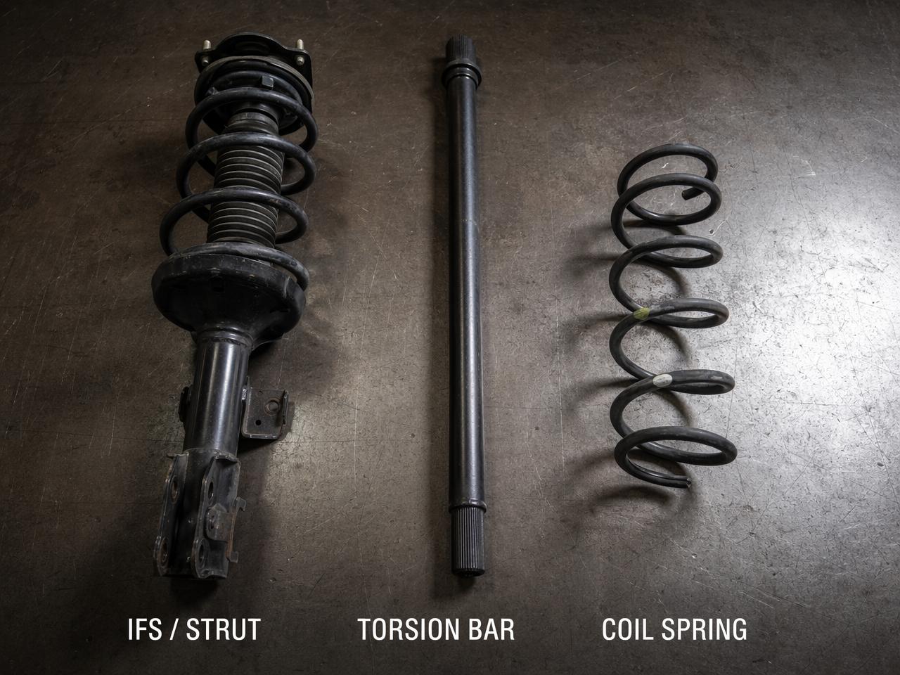 Strut assembly, torsion bar, and coil spring side by side showing three suspension types
