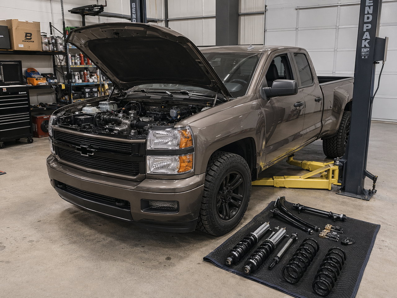Pickup truck mid-build in shop with hood open and suspension parts staged nearby