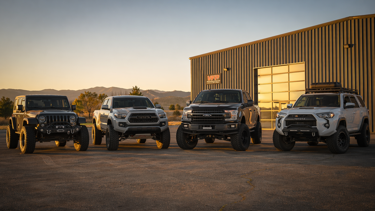 Four finished lifted trucks lined up at golden hour showing completed builds