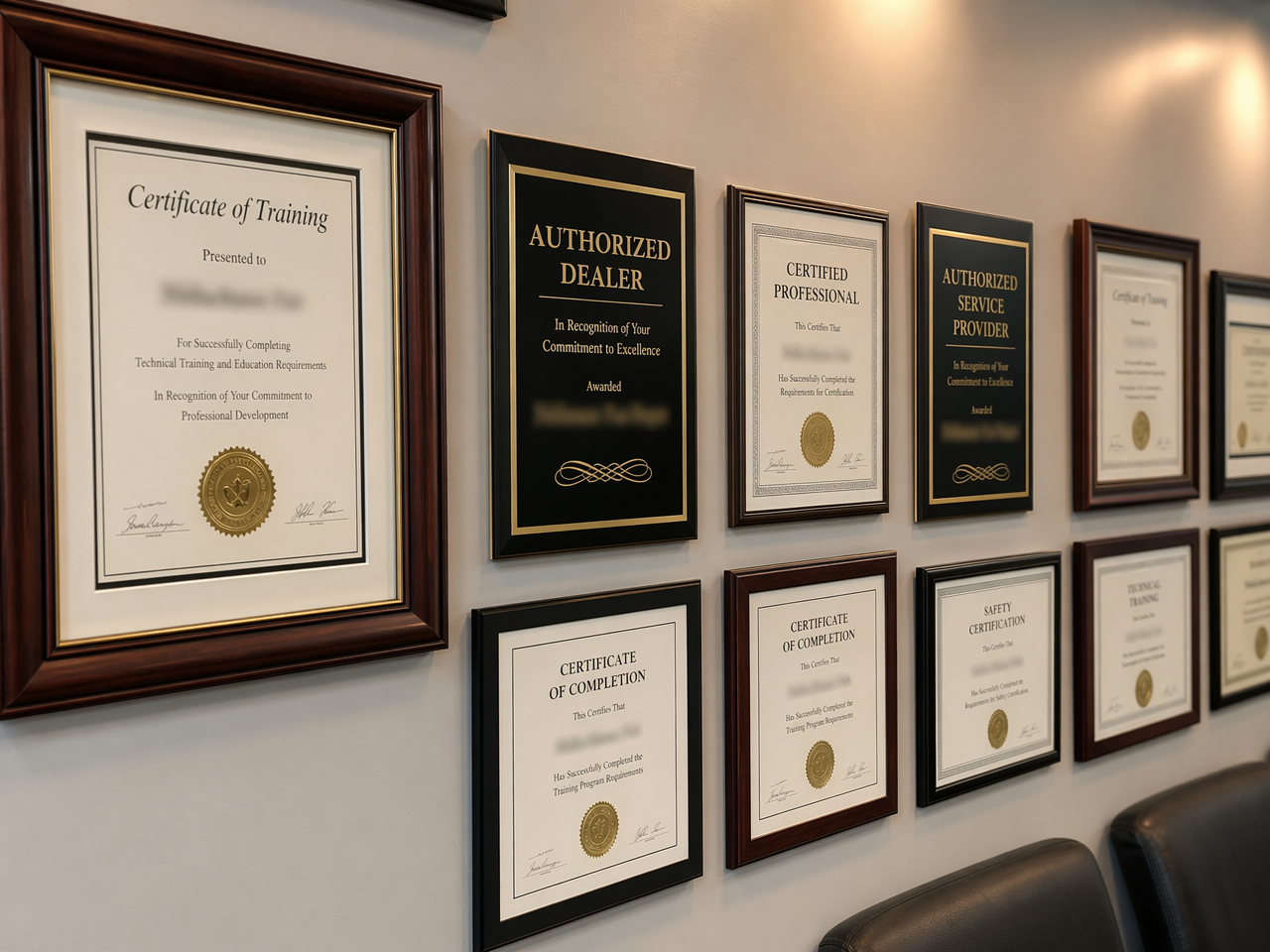 Shop wall with framed certifications and manufacturer authorization plaques