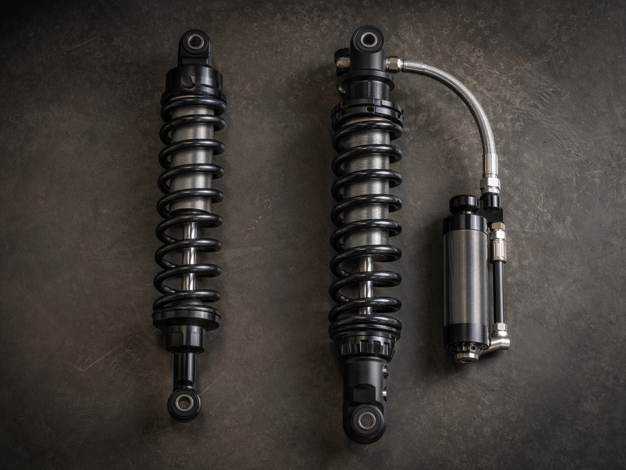Standard coilover versus remote reservoir coilover side by side showing hardware difference