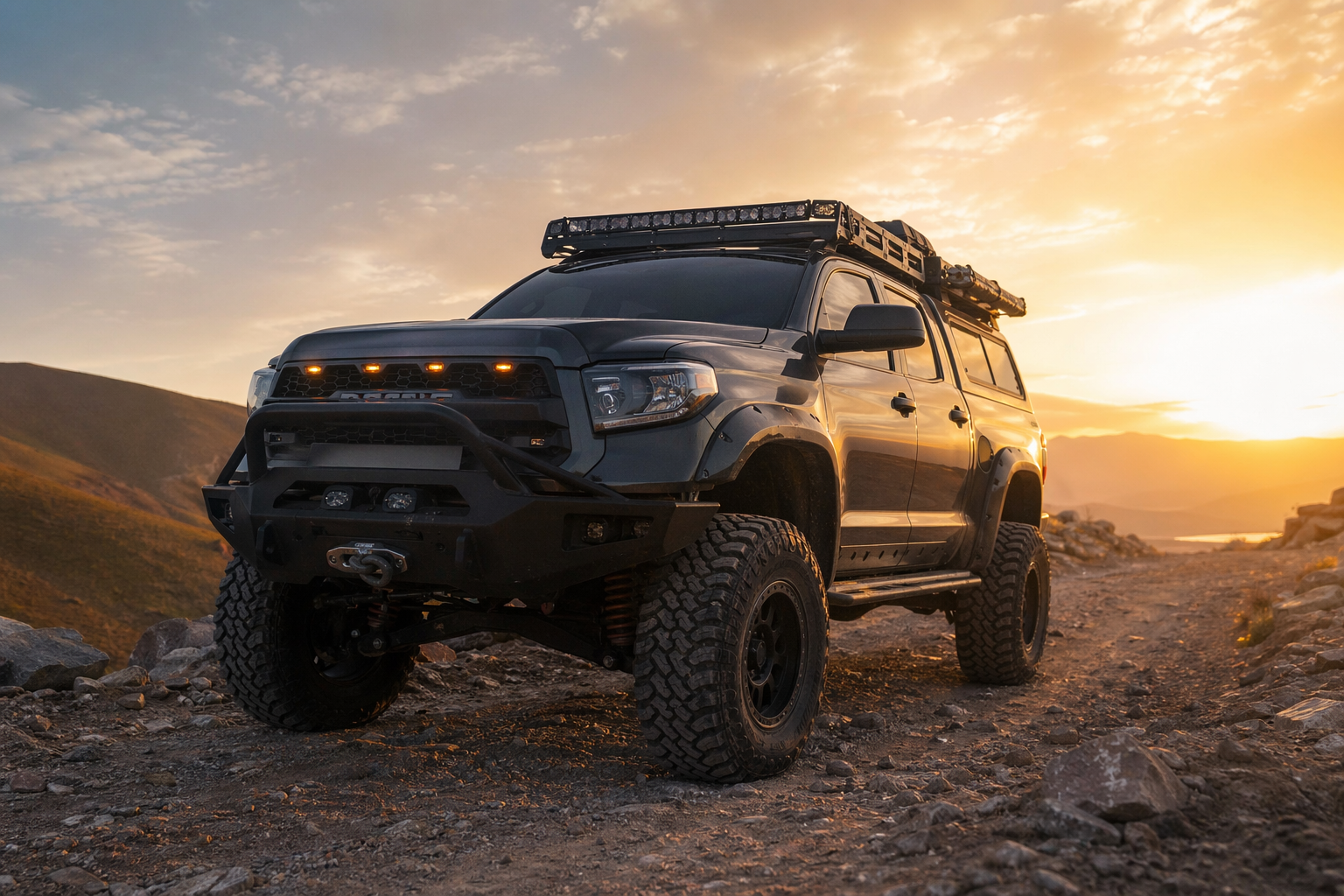 Fully built lifted truck at golden hour