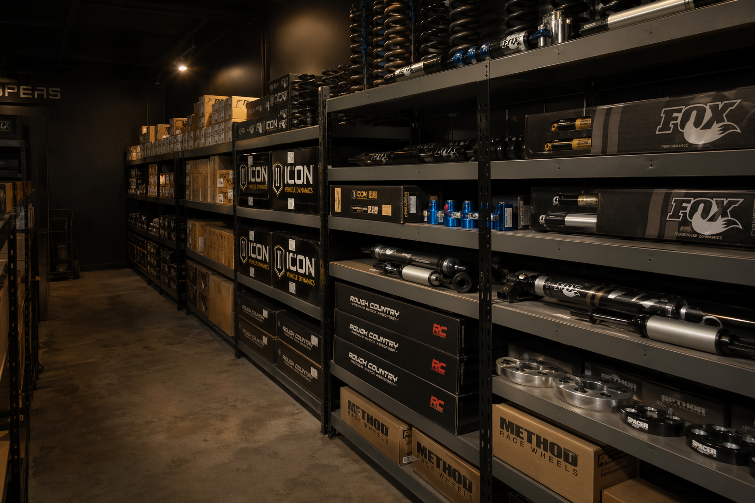 Parts room stocked with Fox King Bilstein and Method components