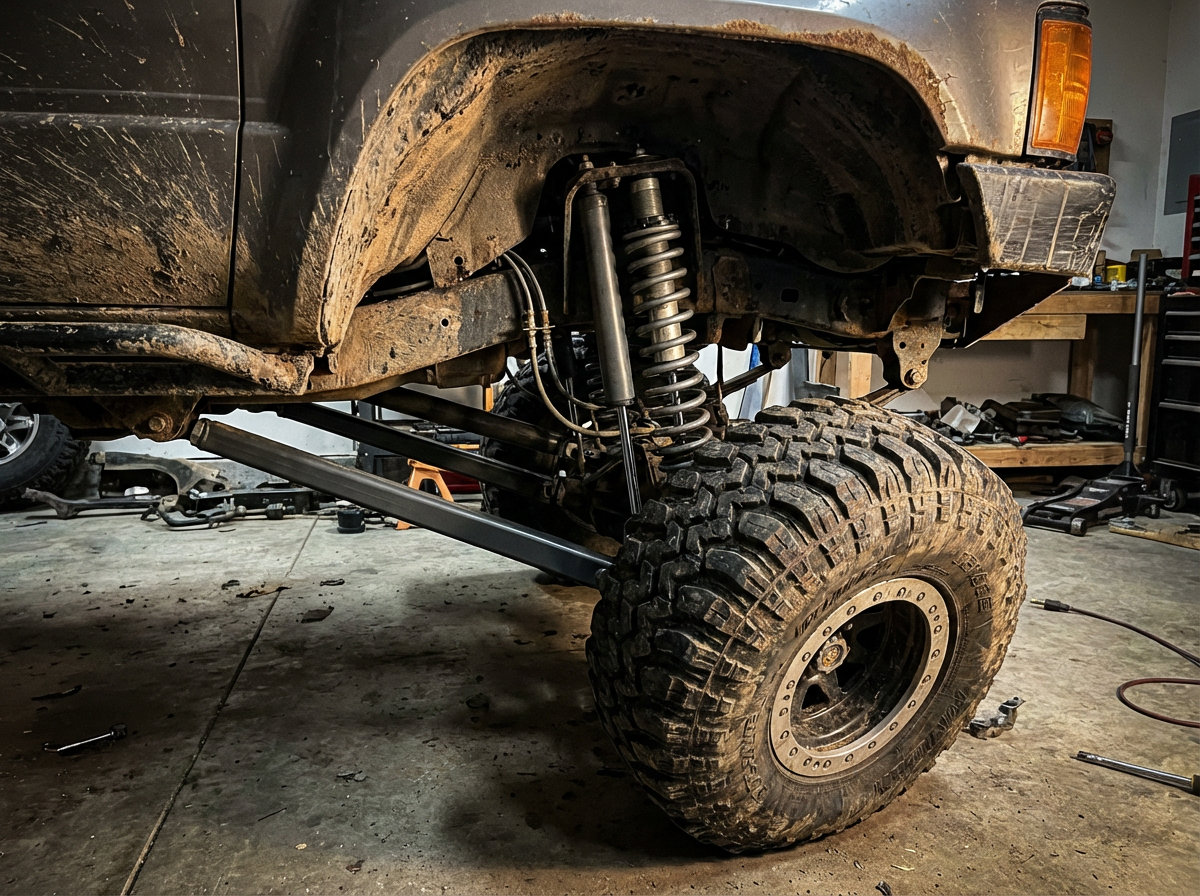 Front wheel well at full droop showing long arm extended and maximum tire travel