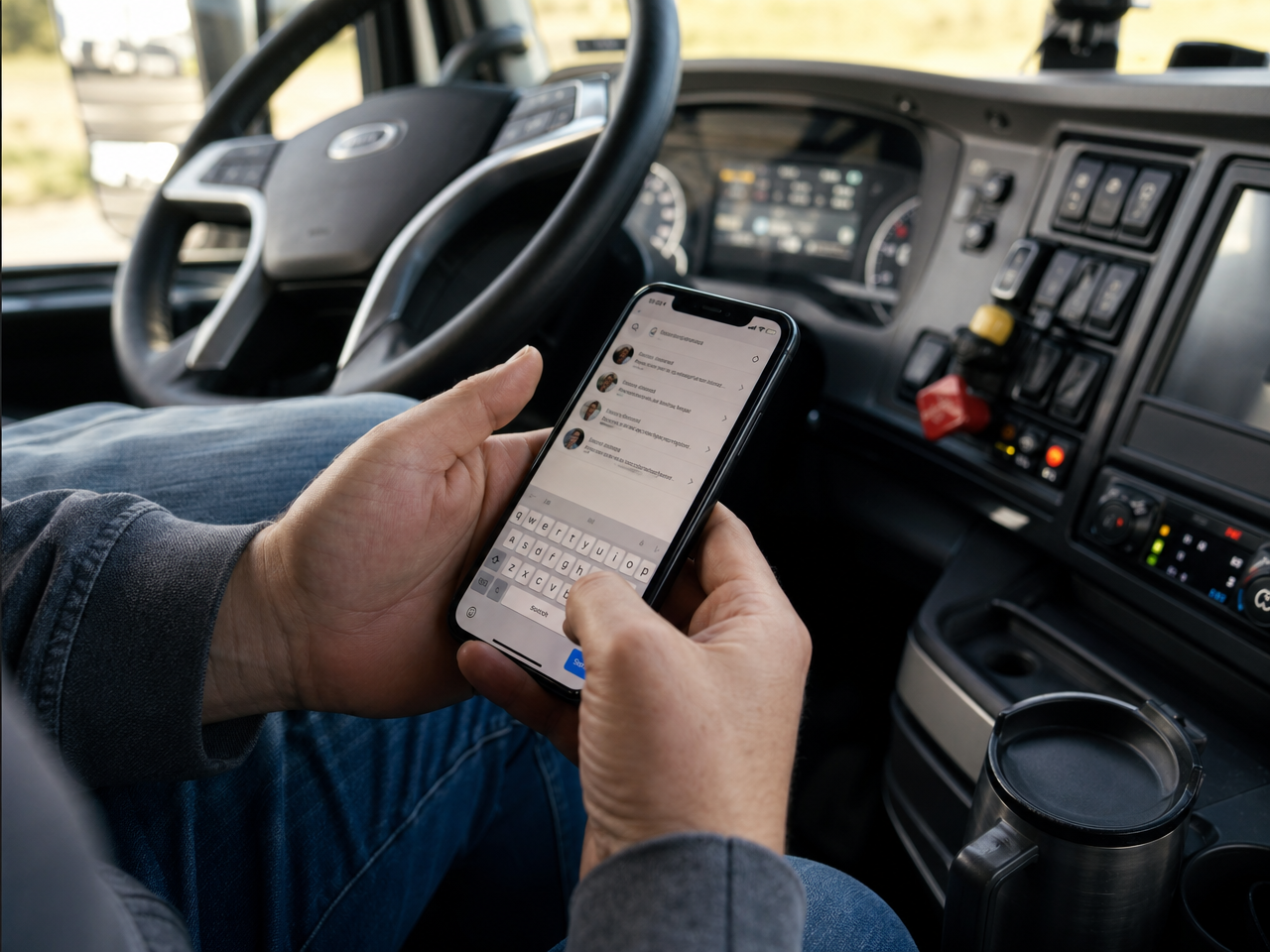 Person on phone in truck cab composing a message