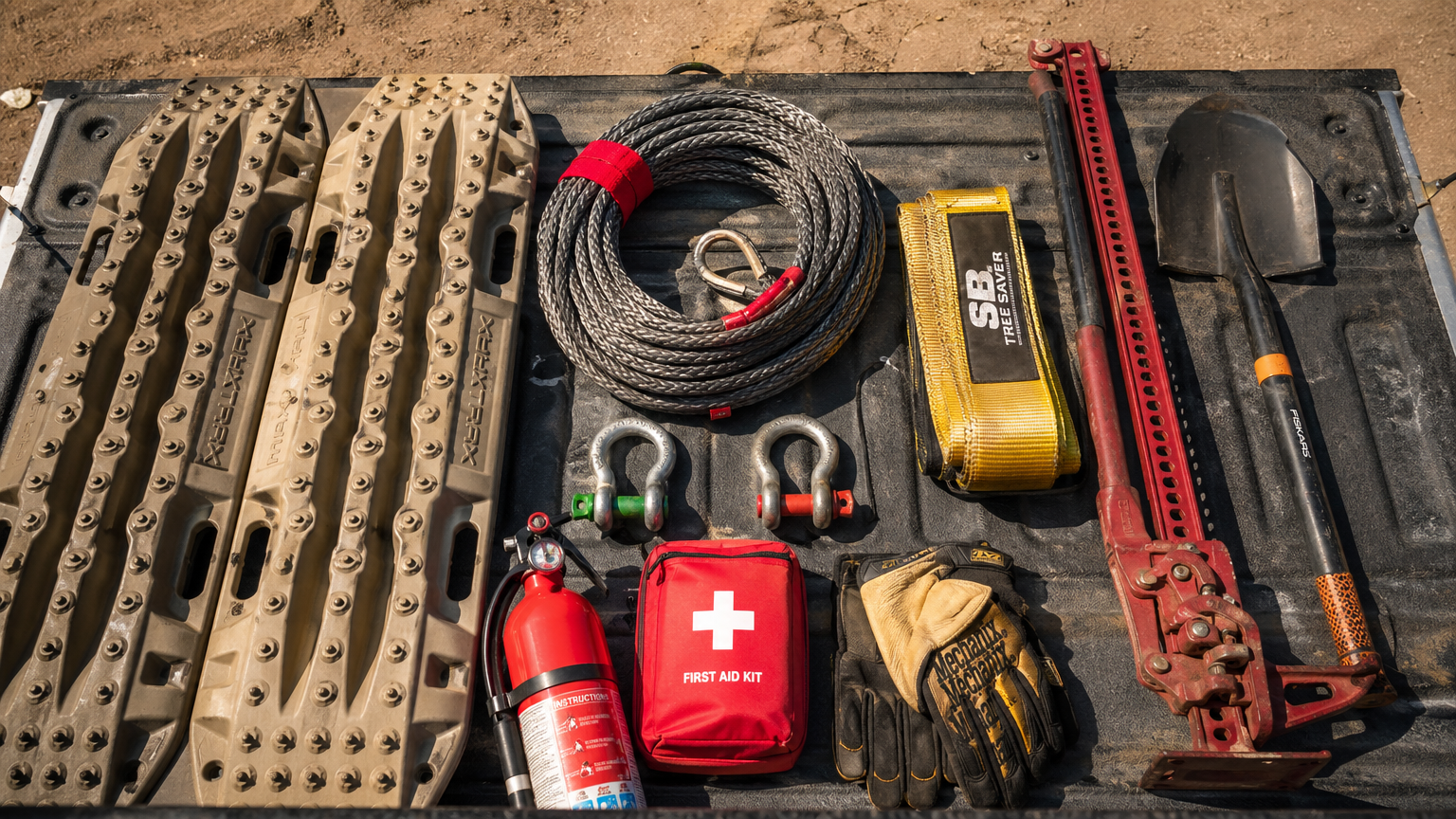 Complete trail recovery kit flat lay including kinetic rope shackles tree saver hi-lift traction boards and first aid