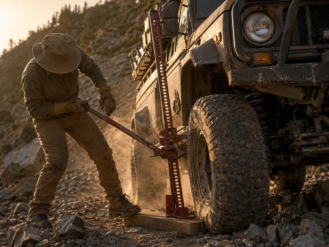 Correct hi-lift jack operation on trail with base board and safe operator position