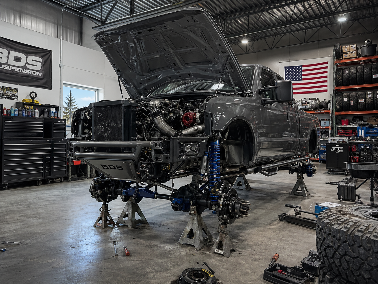 Single truck mid-build in shop with hood up wheels off and armor visible on frame