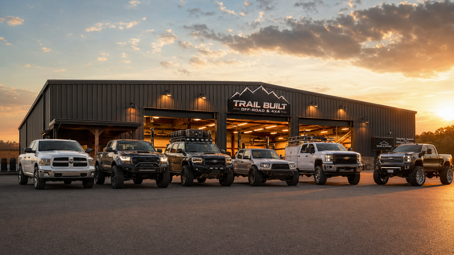 Six different build-style trucks parked together showing daily driver trail rig overland prerunner work truck and show truck