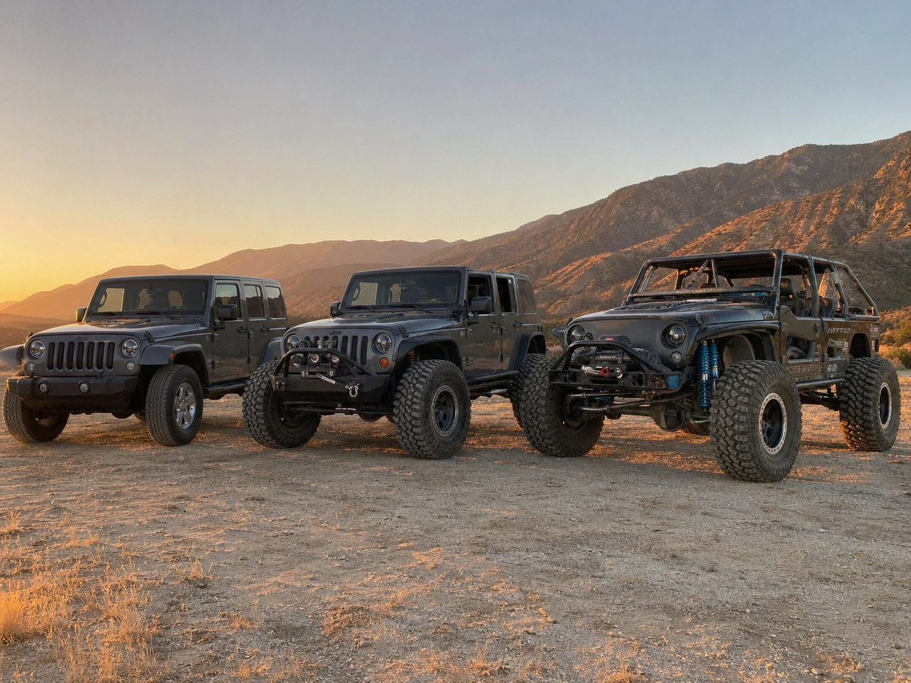 Three Jeep Wranglers side by side showing mild daily driver trail rig and full competition build progression