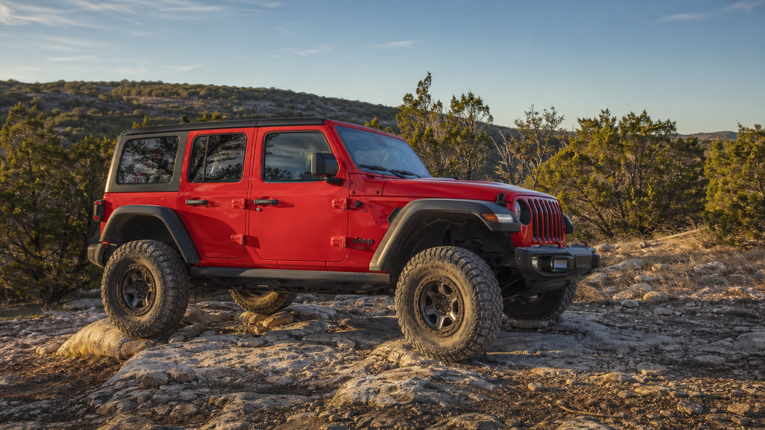 Lifted Jeep Wrangler JL confidently navigating a moderate Texas Hill Country rock trail
