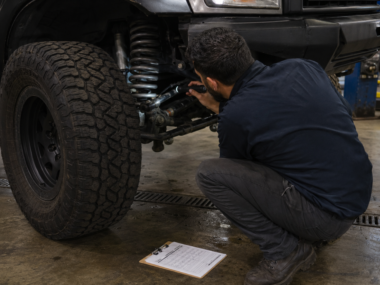 Technician crouching beside truck front suspension during pre-build shop walk inspection