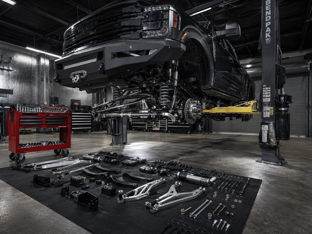 Active shop bay with truck on lift mid-build parts laid out and technician working