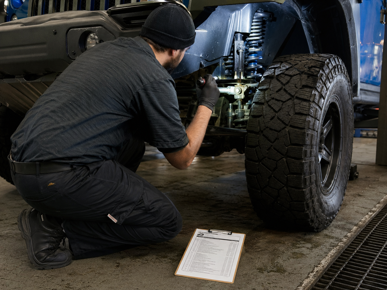 Technician kneeling beside front wheel of lifted truck with flashlight and inspection clipboard